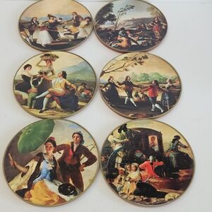 Set Of 6 Coasters Spanish Romantic Scenes Red Velvet Backings Victorian